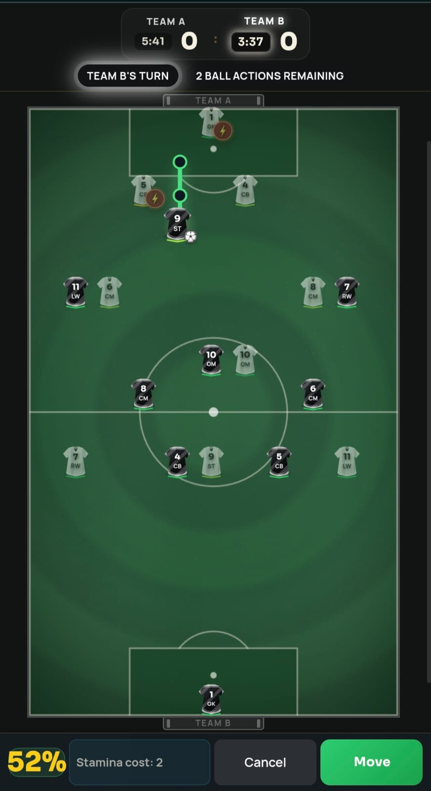 Phone view of a FutChess dribble preview with a two-square route and 52 percent success chance