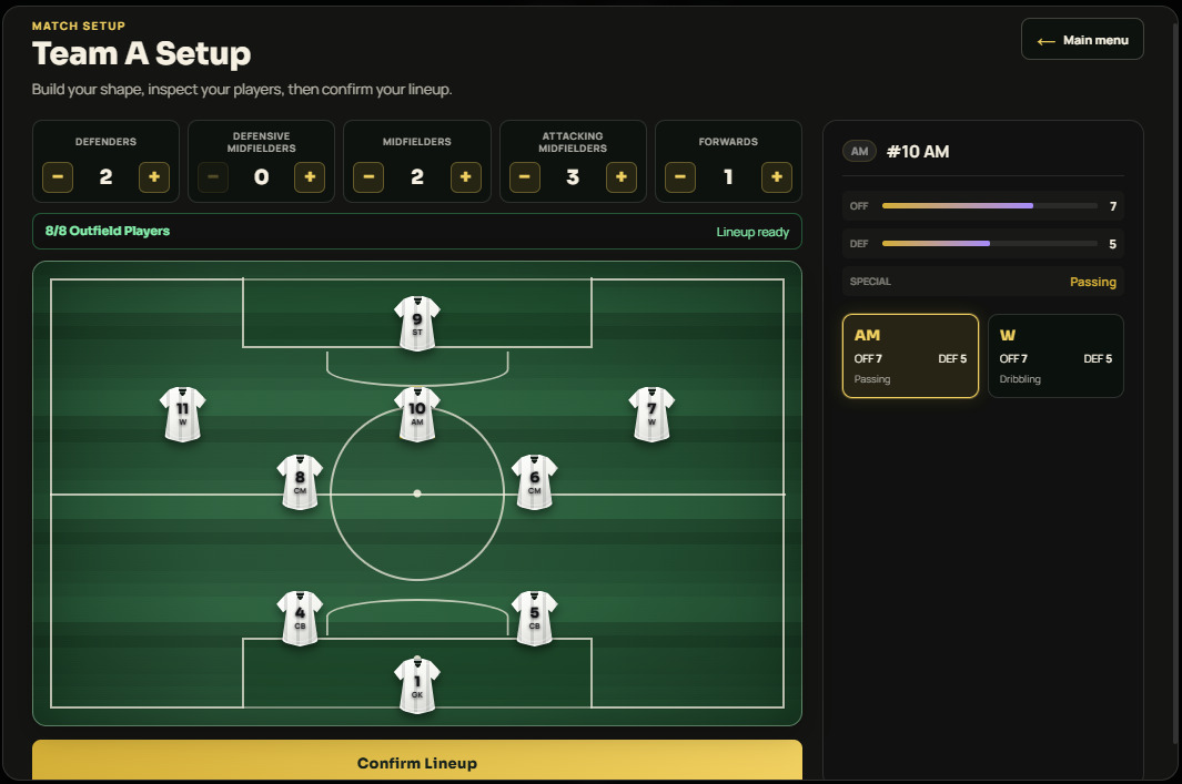 Phone view of the FutChess lineup setup pitch