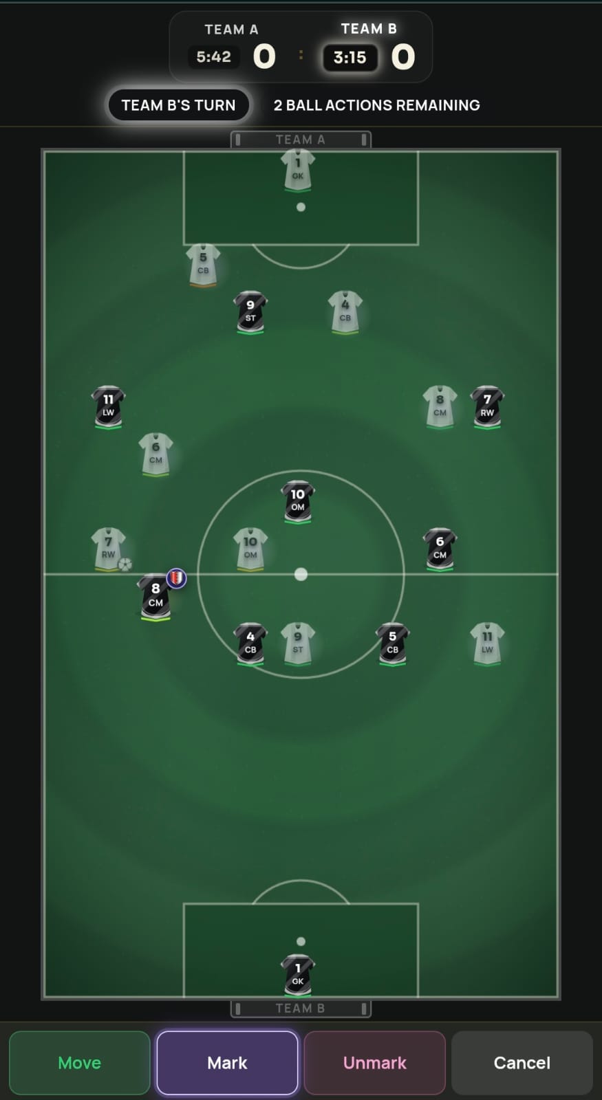Phone view of FutChess with the Mark action selected for a nearby opponent