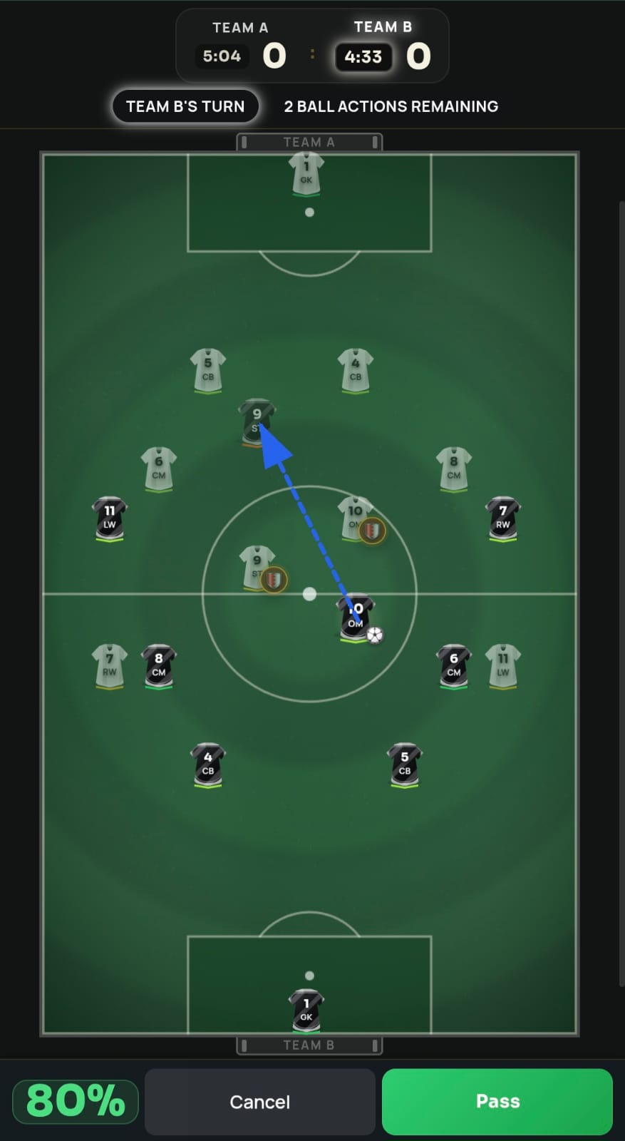 Phone view of a FutChess pass preview with a blue trajectory and 80 percent success chance