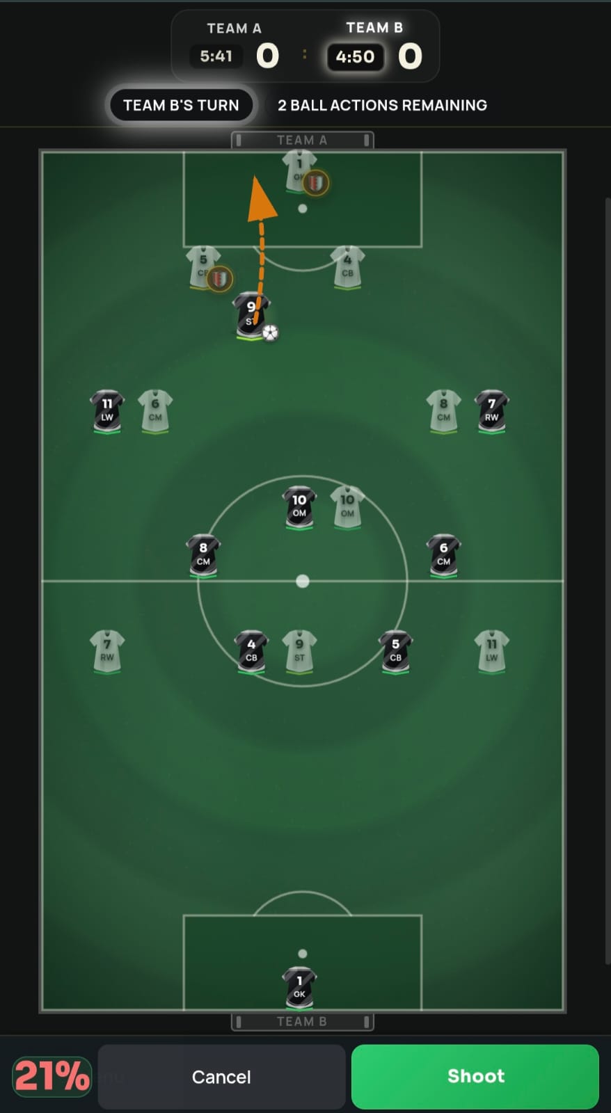 Phone view of a FutChess shot preview aimed at goal with a 21 percent success chance