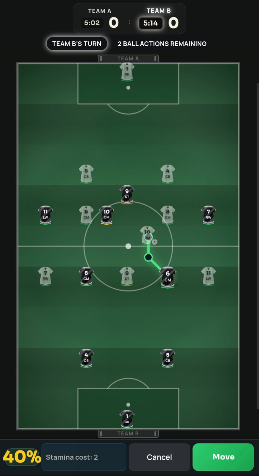 Phone view of a FutChess tackle preview showing a route to the ball carrier, a 40 percent success chance, and stamina cost of two
